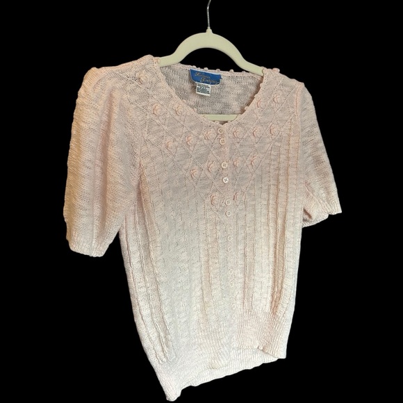VINTAGE 80s LIANA’S‎ PETITES Pale Pink Pointelle Rosette Sweater Puff Sleeve S - Picture 3 of 10